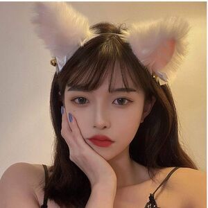 Cat Ears Fox Headband Cosplay Fluffy Ribbon Bell Furry Faux Fur Halloween pink